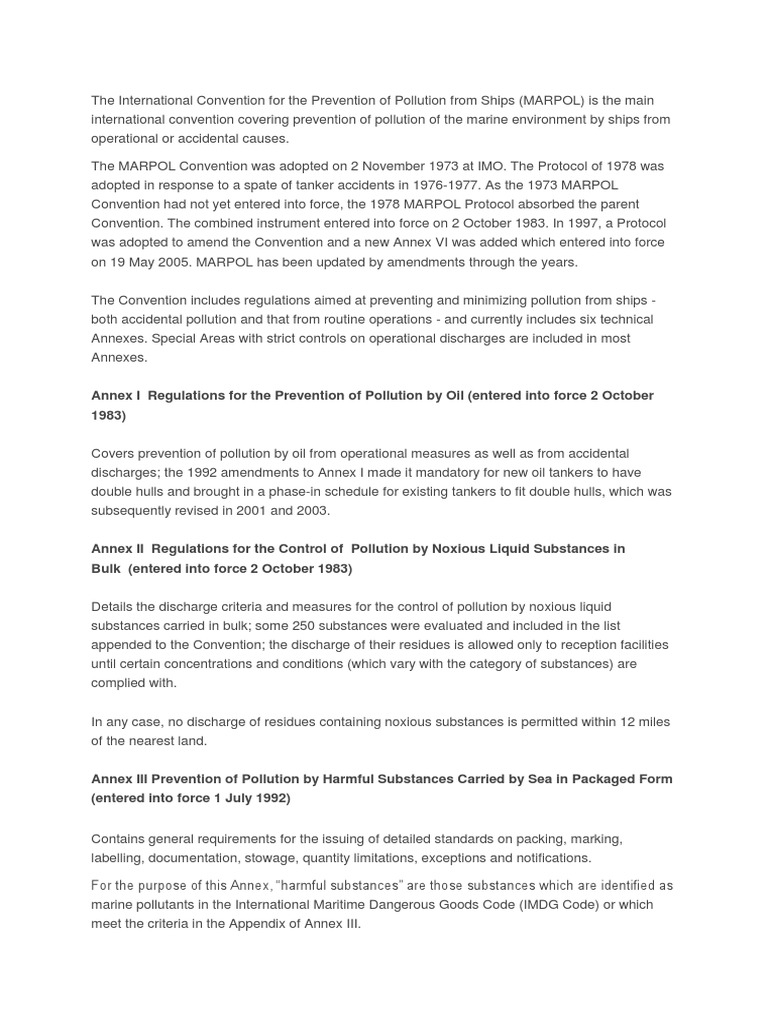 Overview of MARPOL 73/78 Annexes | PDF | Oceans | Pollution