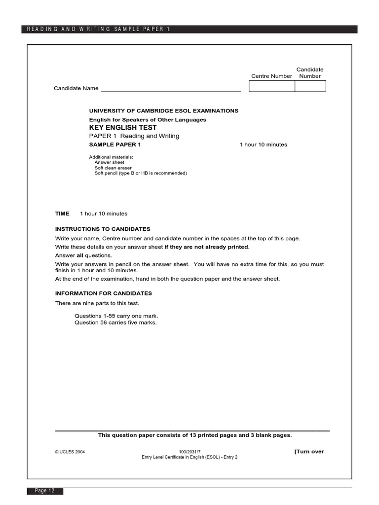 KET Sample Paper Reading and Writing