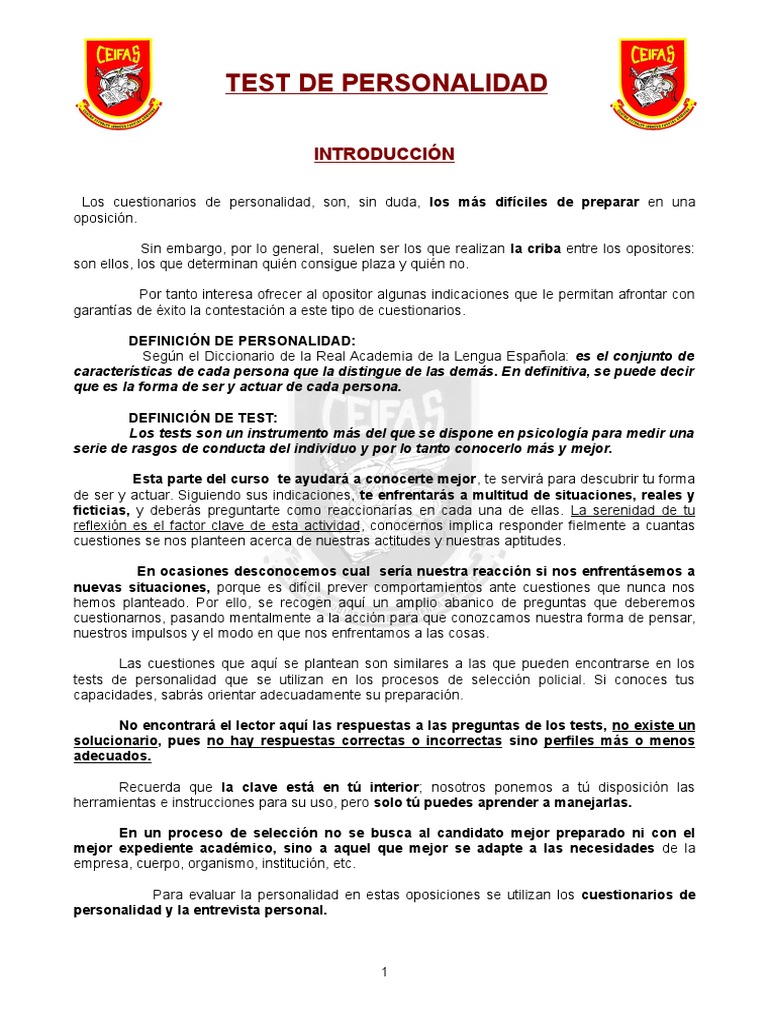 guardia civil Test de Personalidad | Cuestionario | Ciencias del