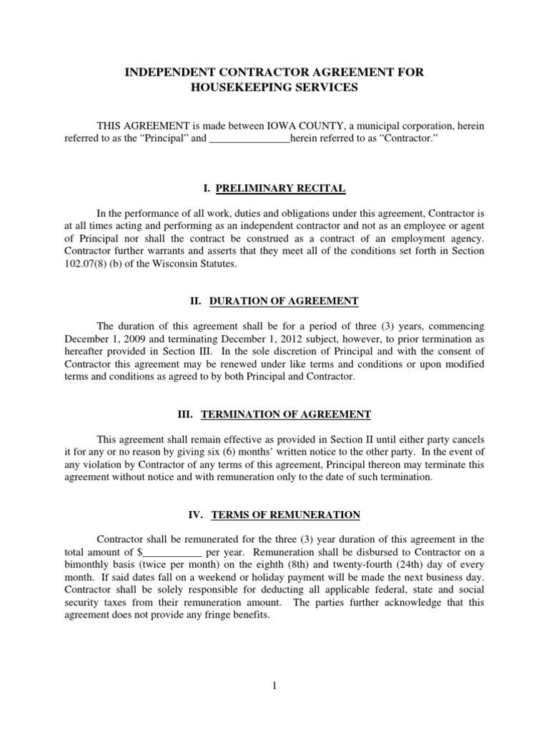 Housekeeping Contract Sample Documents similar to Housekeeping Agreement