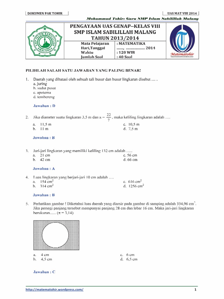 Soal Dan Kunci Jawaban Uas Matematika SMP Semester 2 Kelas 8 Tahun 2014