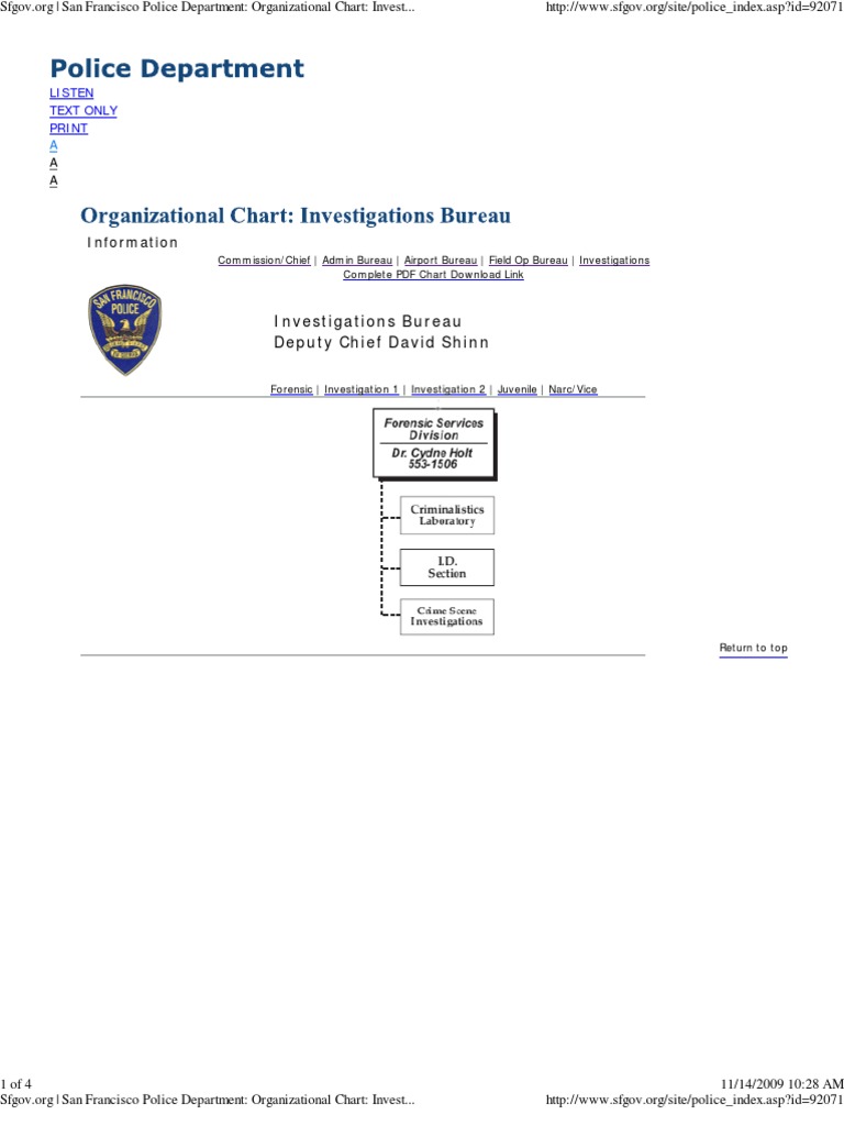 SFPD 2009 - Organizational Chart - Investigations Bureau | PDF | San ...