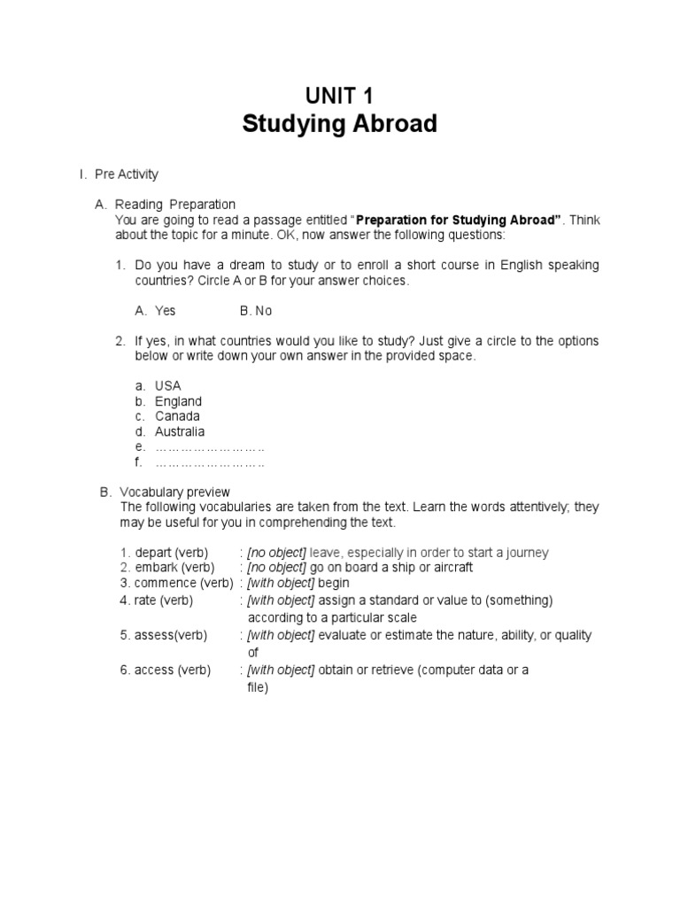 Studying Abroad: Unit 1 | PDF | International English Language Testing ...