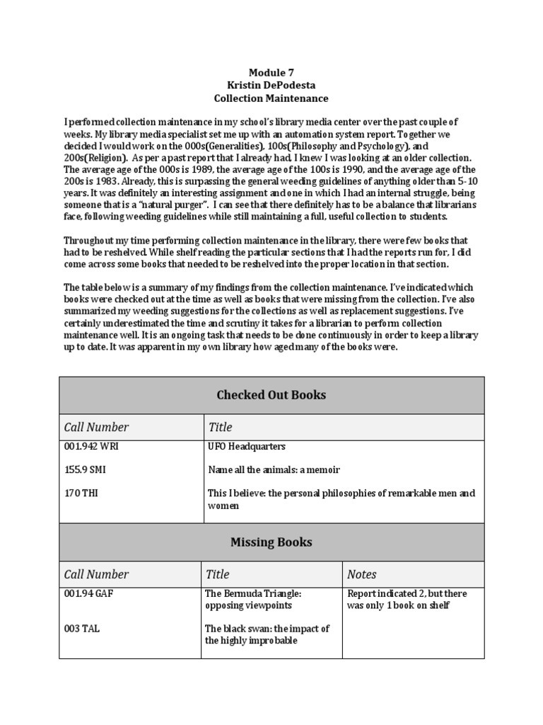 Library Collection Maintenance Report | PDF | Librarian | Library And ...