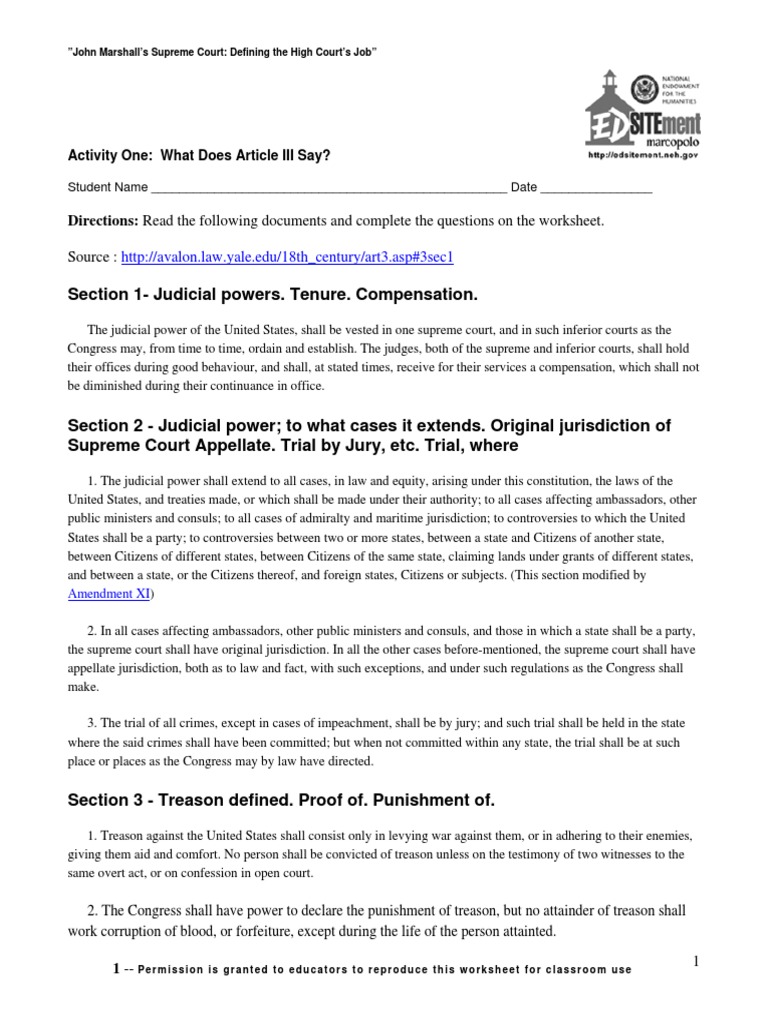 Section 1 Judicial Powers Tenure Compensation Article Three Of The United States Constitution United States Constitution