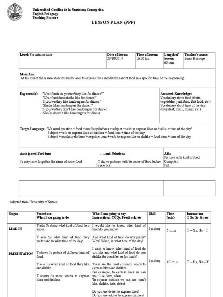 Pre-Intermediate Food Likes Lesson Plan | PDF | Cognitive Science ...