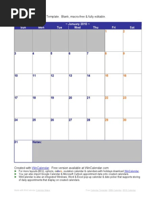 2010 Monthly Calendar