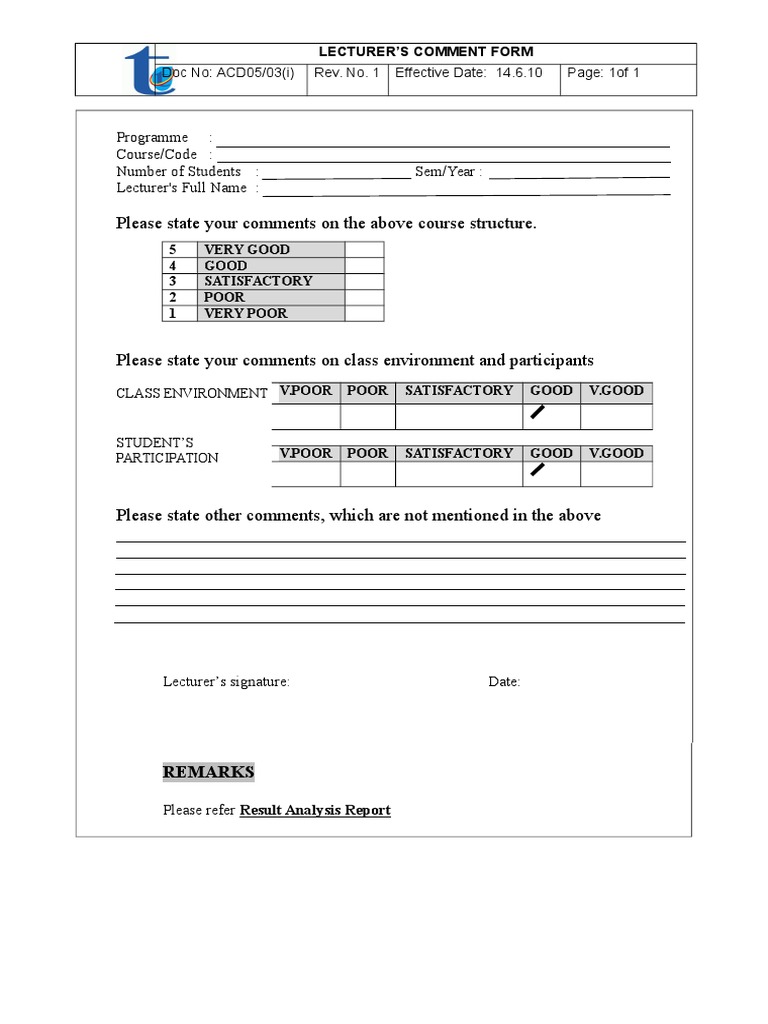 Lecturers Comment Form | PDF