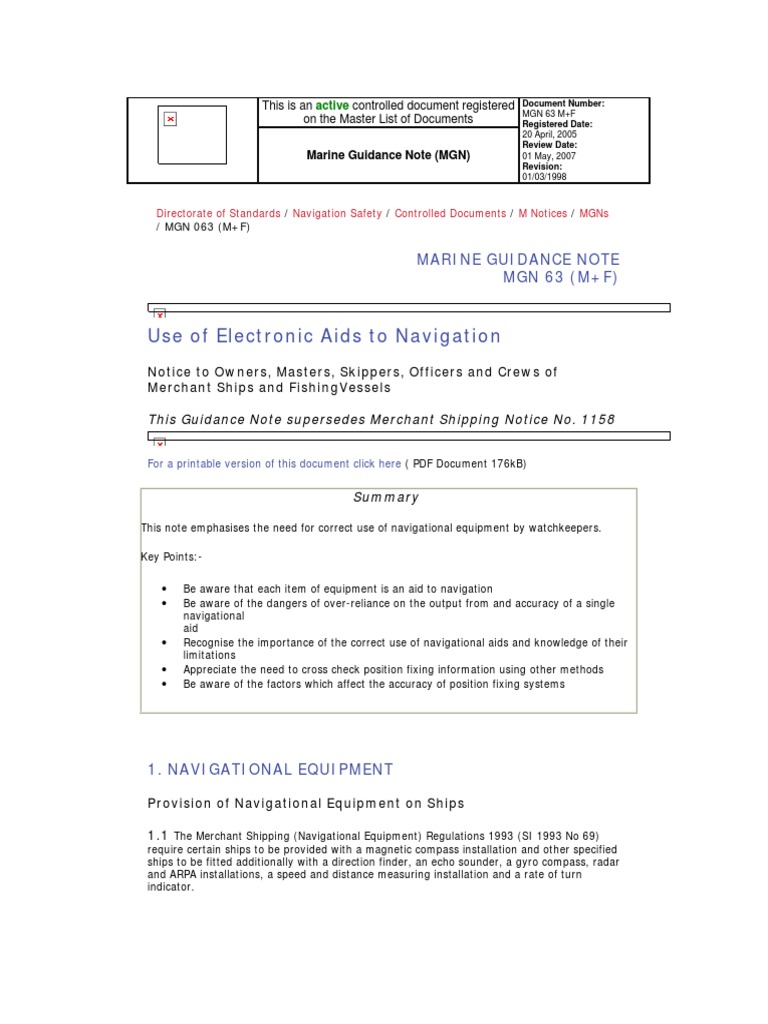 MGN 63 Use of Electronic Aids To Navigation PDF Global Positioning System Navigation