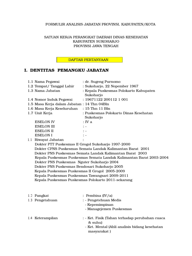 Analisis Jabatan Dr Sugeng Purnomo Kepala Puskesmas