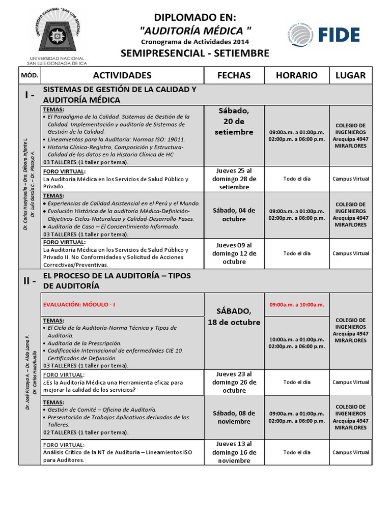 Cronograma de Actividades Diplomado Auditoria Medica