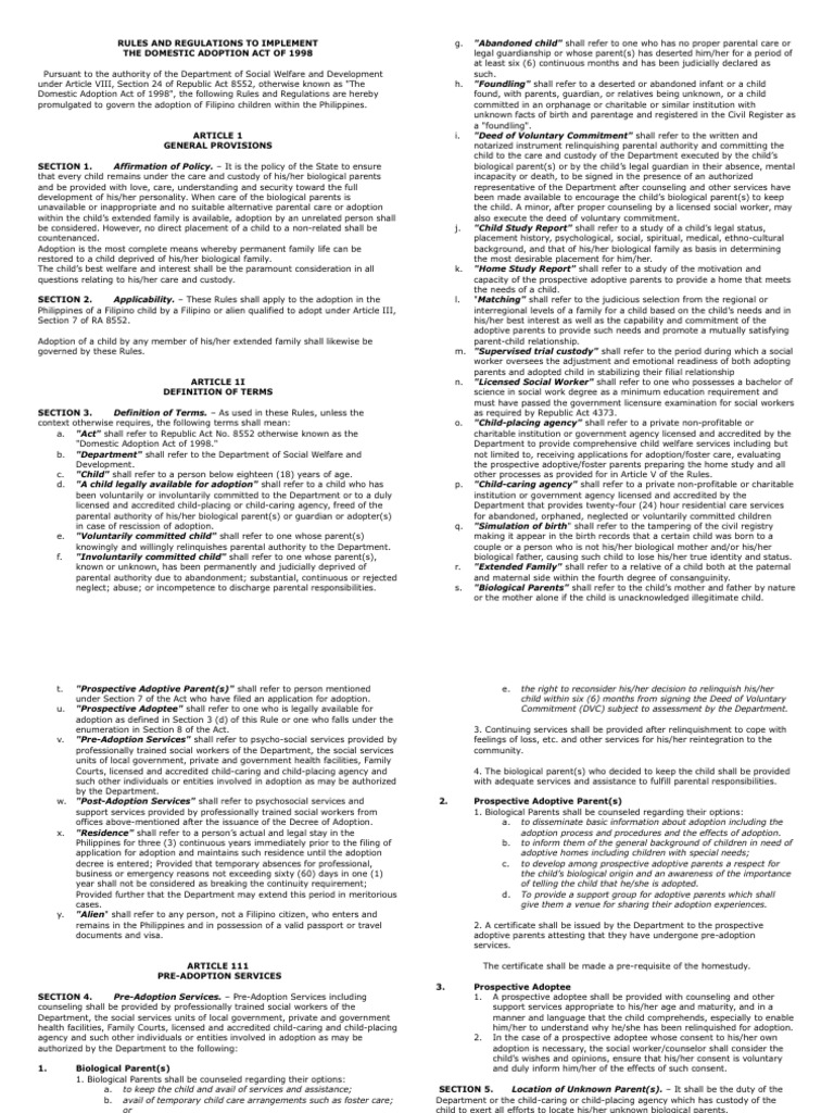 Domestic Adoption Act 1998 Regulations | PDF | Adoption | Child Custody