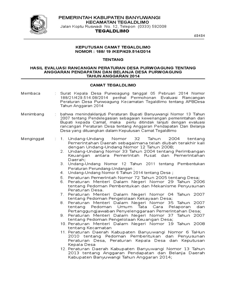 SK CAMAT TENTANG EVALUASI APBDes | PDF