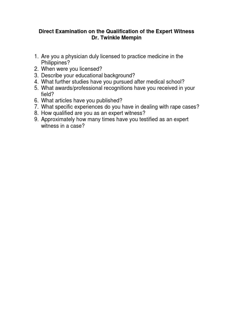 Direct Examination On The Qualification of The Expert Witness PDF