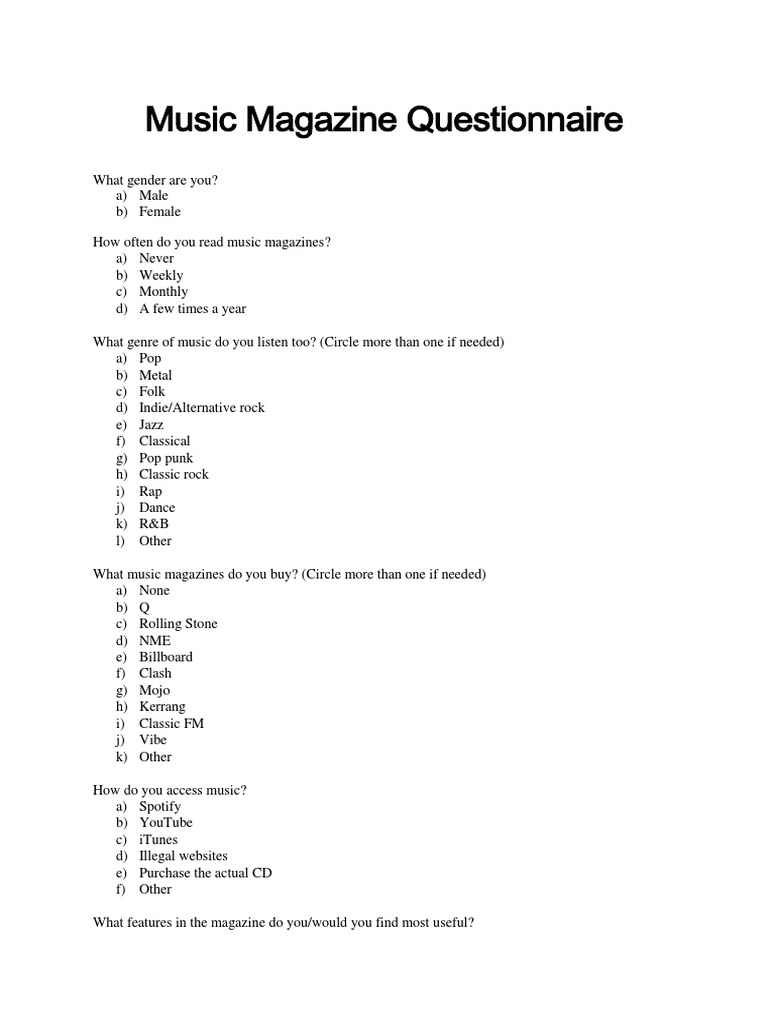 Music Magazine Questionnaire | PDF | Rock Music | Recorded Music