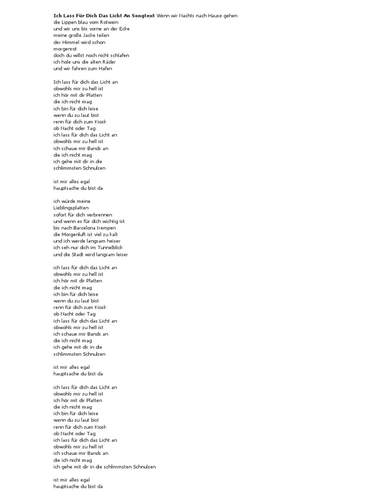 Ich Lass Für Dich Das Licht An Lyrics