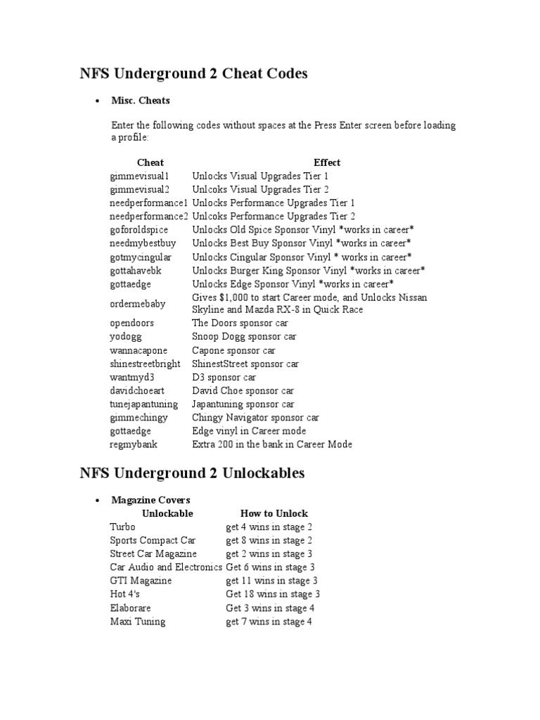 NFS Underground 2 Cheat Codes Guide | PDF | Car Body Styles | Vehicle ...