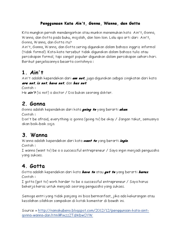 Penggunaan Gonna Gotta Wanna Dan Ain T