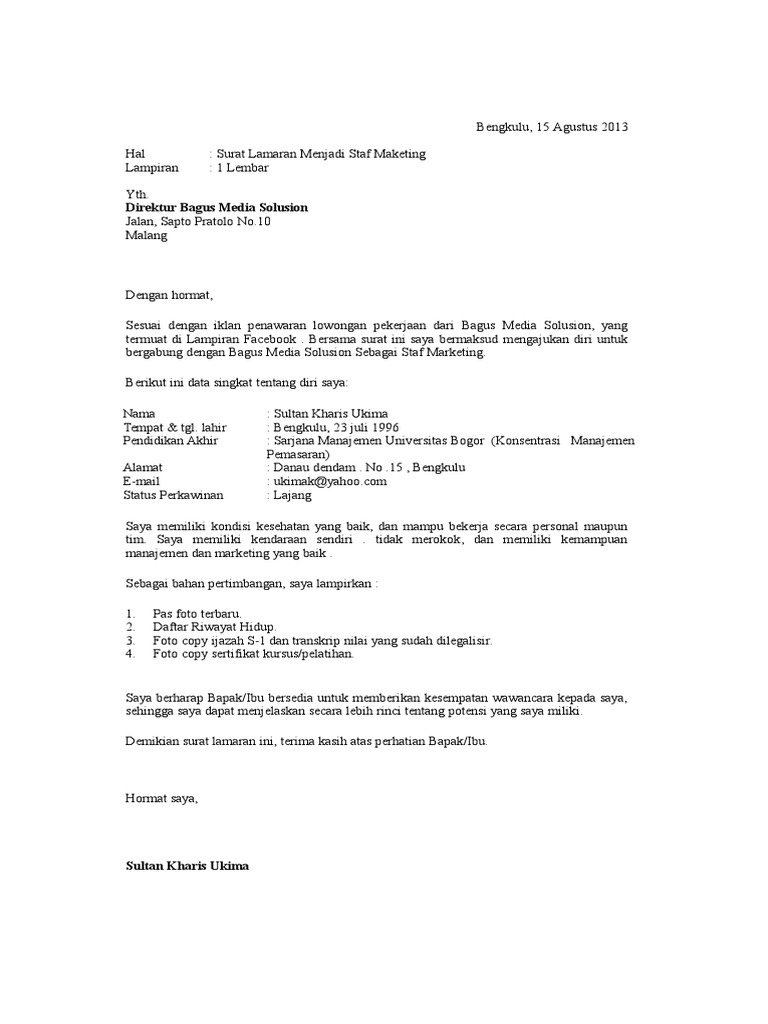 Contoh Surat Iklan Lamaran Kerja