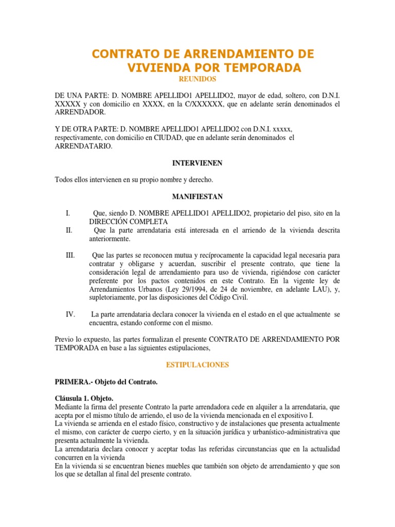 CONTRATO DE ARRENDAMIENTO DE VIVIENDA POR TEMPORADA.docx Renting Property