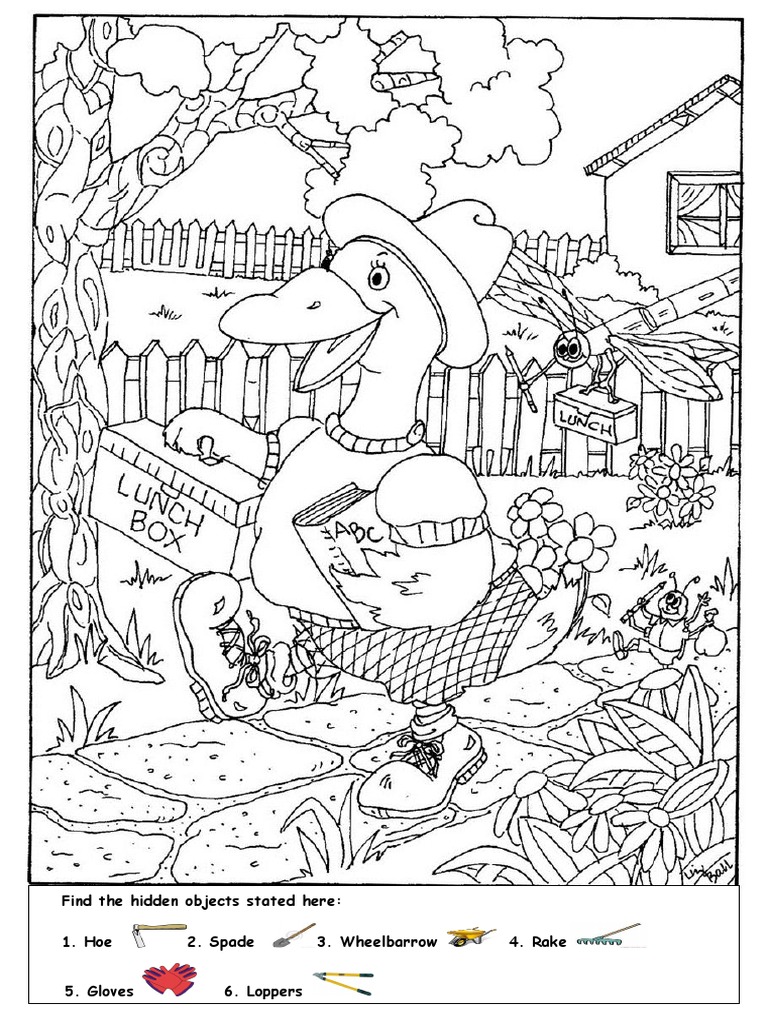 Find The Hidden Objects Stated Here: 1. Hoe 2. Spade 3. Wheelbarrow 4. Rake 5. Gloves 6. Loppers | PDF for Free Printable Find The Hidden Objects