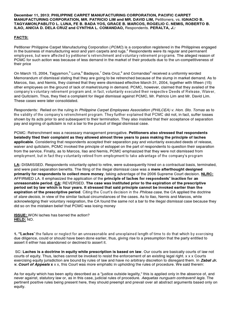 Philippine Carpet Manufacturing V Tagyamon PDF Laches (Equity