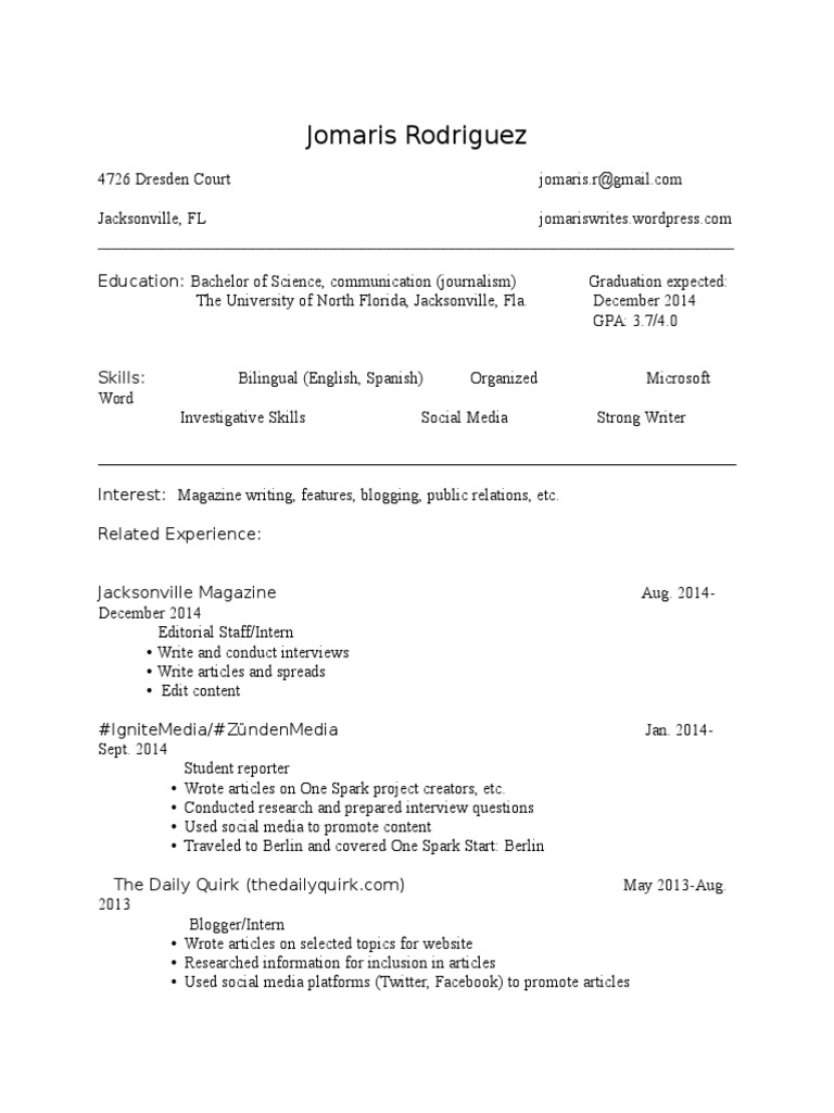 Jomaris Rodriguez: Journalism Graduate Resume | PDF