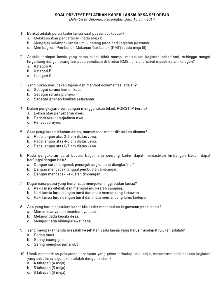 Soal Pre Dan Pos Tes Pelatihan Kader Posbindu Ptm