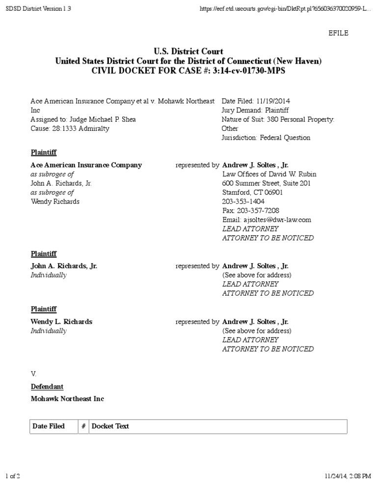 ACE AMERICAN INSURANCE COMPANY Et Al v. MOHAWK NORTHEAST INC Docket PDF