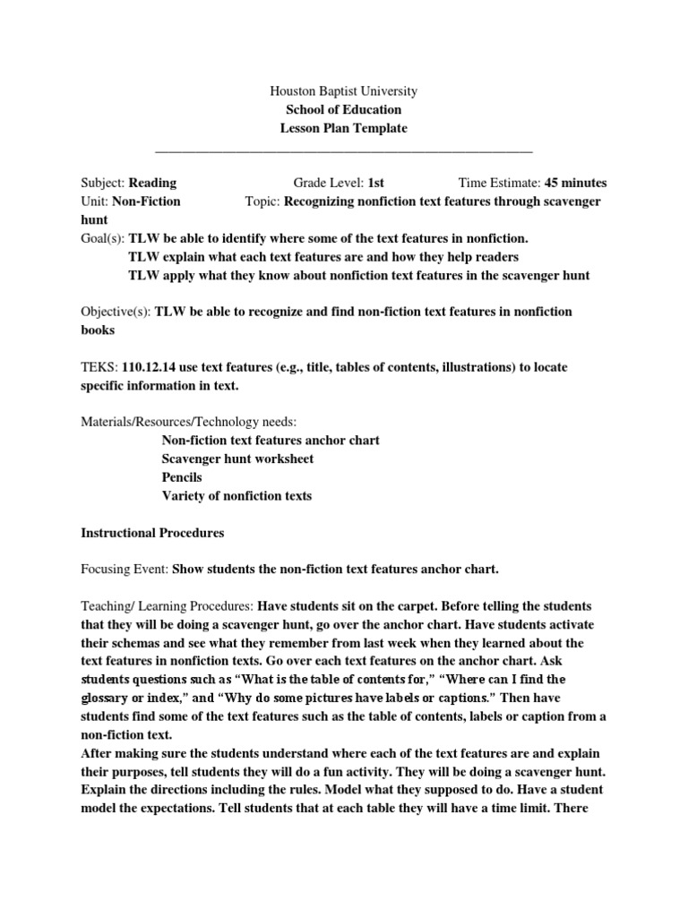 Nonfiction Text Features Scavenger Hunt Lesson Plan | PDF | Non Fiction ...