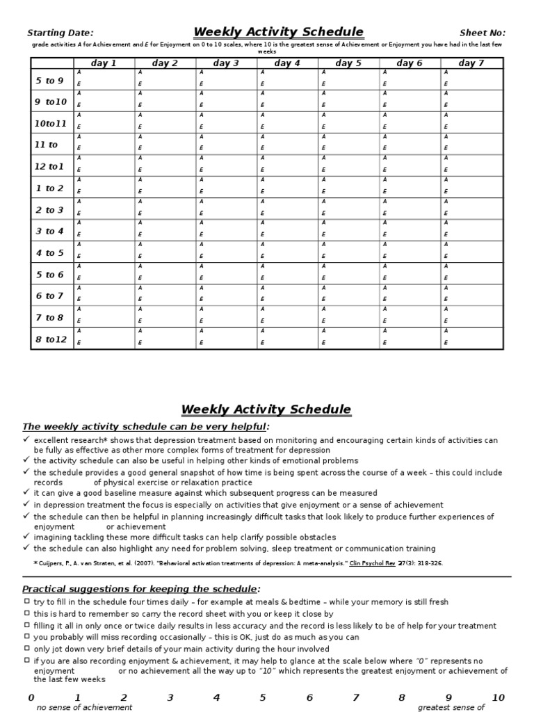 Weekly Activity Schedule for CBT | PDF | Major Depressive Disorder ...