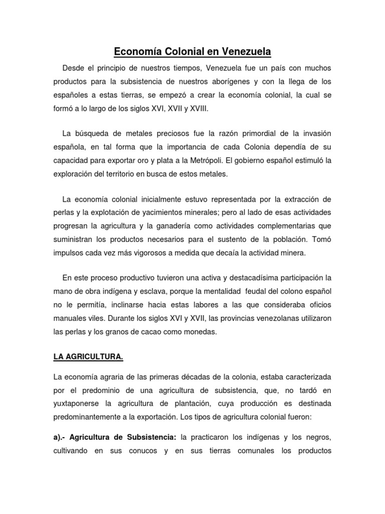 Economía Colonial en Venezuela | PDF | Agricultura | Venezuela