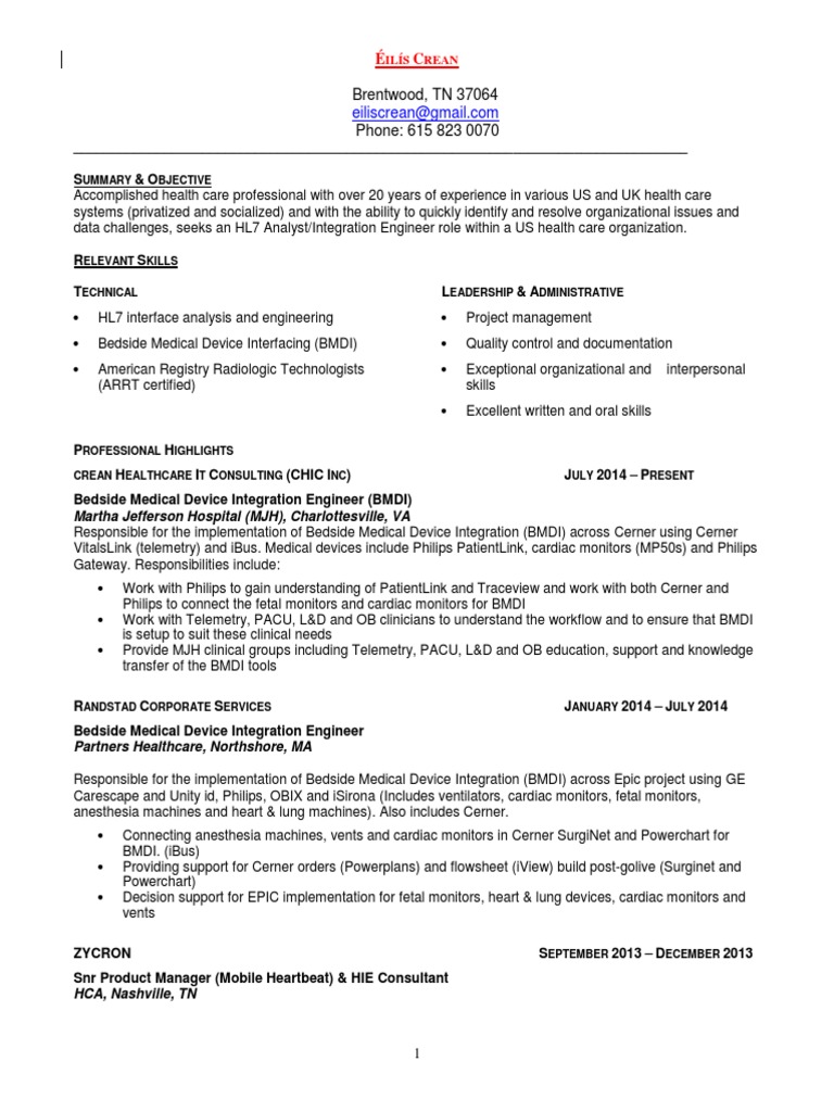 HL7 Integration Analyst in Nashville TN Resume Éilís Crean Electronic