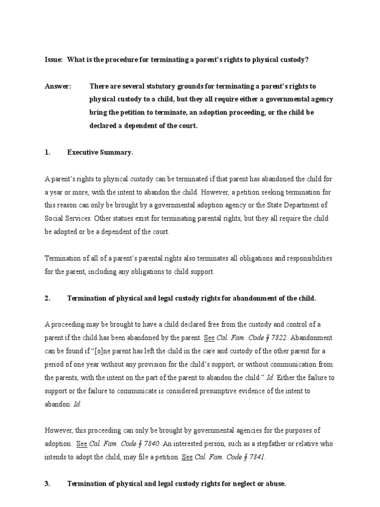 custody memo termination physical document child legal