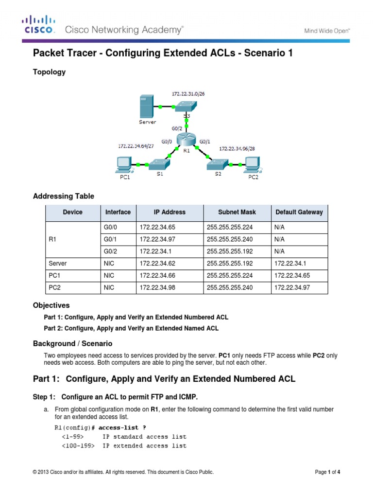 9.3.2.10 Configuring Extended ACLs Scenario 1 Instructions Port