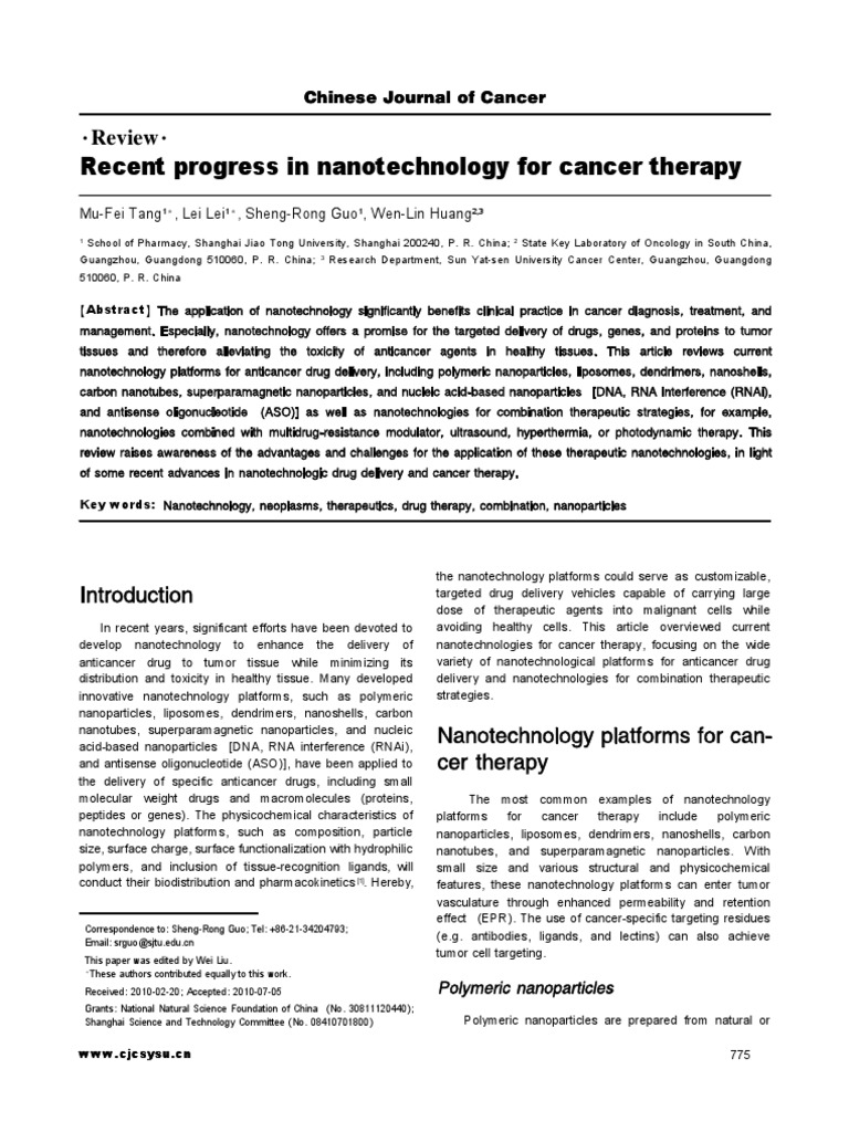 Recent Progress in Nanotechnology For Cancer Therapy | PDF ...