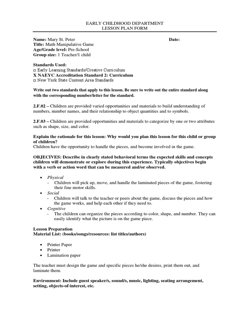 Lesson Plan Math Lesson Plan Early Childhood Education
