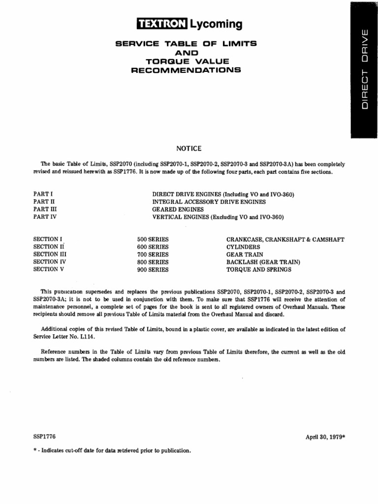 Lycoming SSP1776 Service Limits Guide | PDF | Piston | Cylinder (Engine)