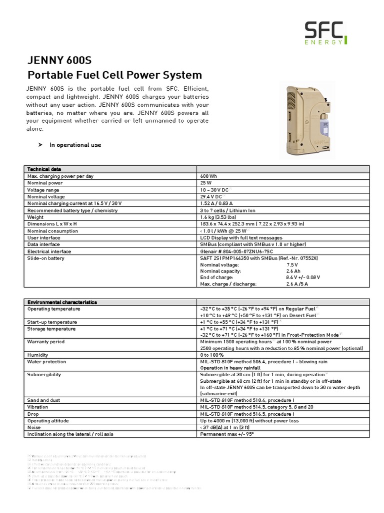 Jenny 600S Fuel Cell Power System | PDF | Battery (Electricity ...