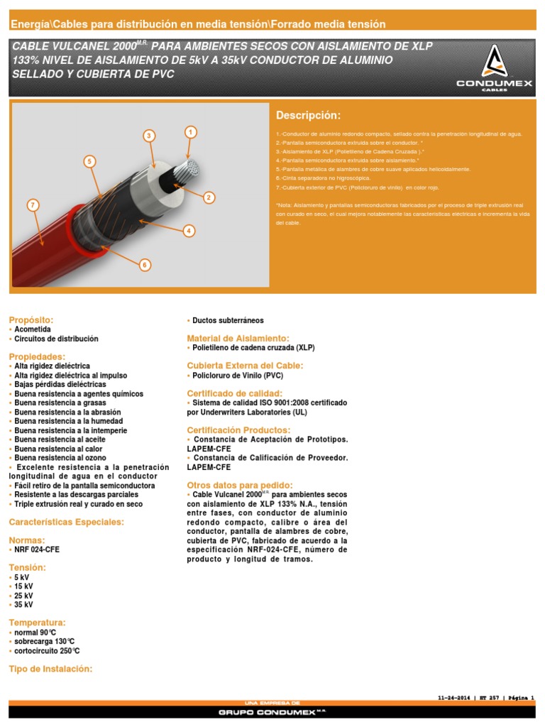 Ficha Tecnica Cable Media Tensión XLPE 5 A 35 KV | PDF | Aislador ...