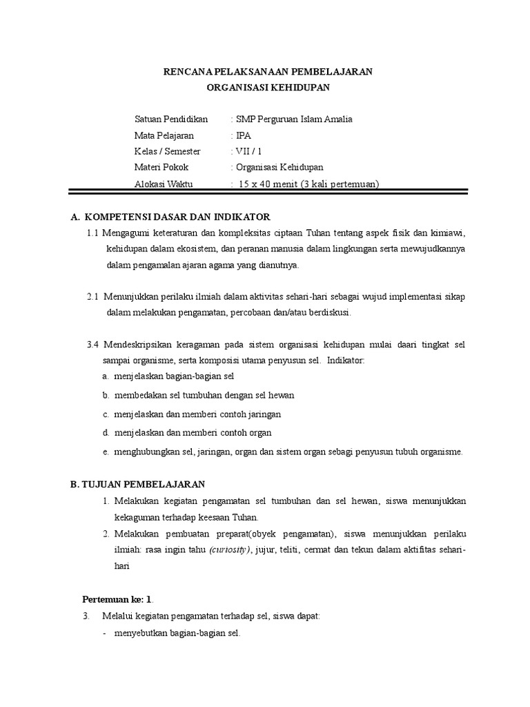 Rpp Vii Bab 4 Organisasi Kehidupan Doc