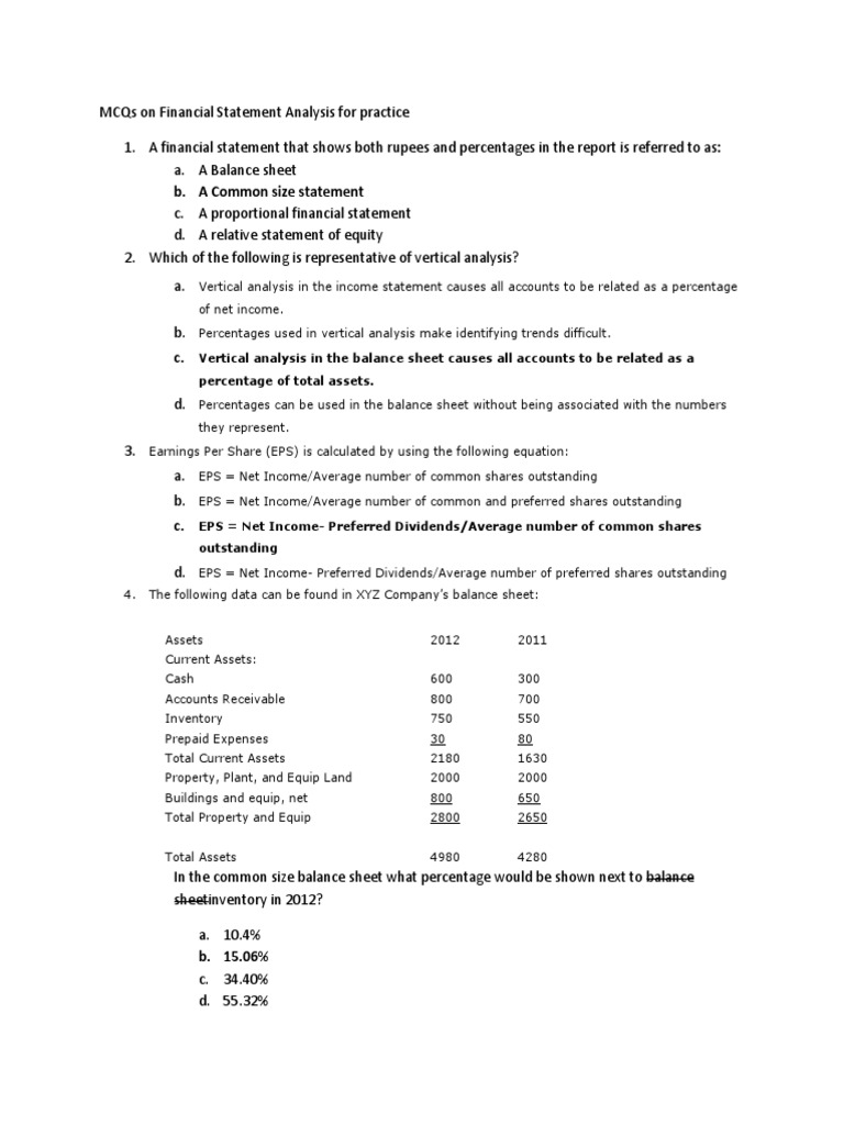 Financial Statement Analysis MCQs | PDF | Finance & Money Management