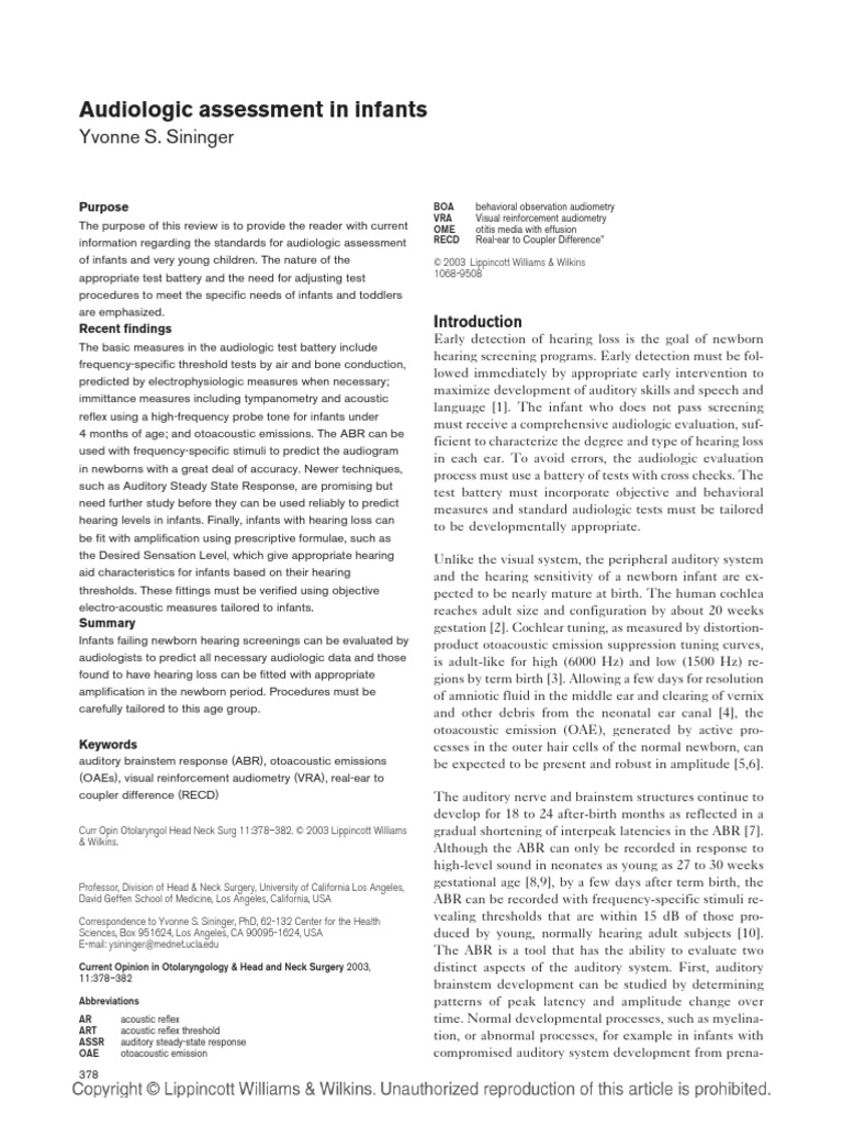 Audiologic Assessment in Infants | PDF | Hearing Loss | Hearing Aid