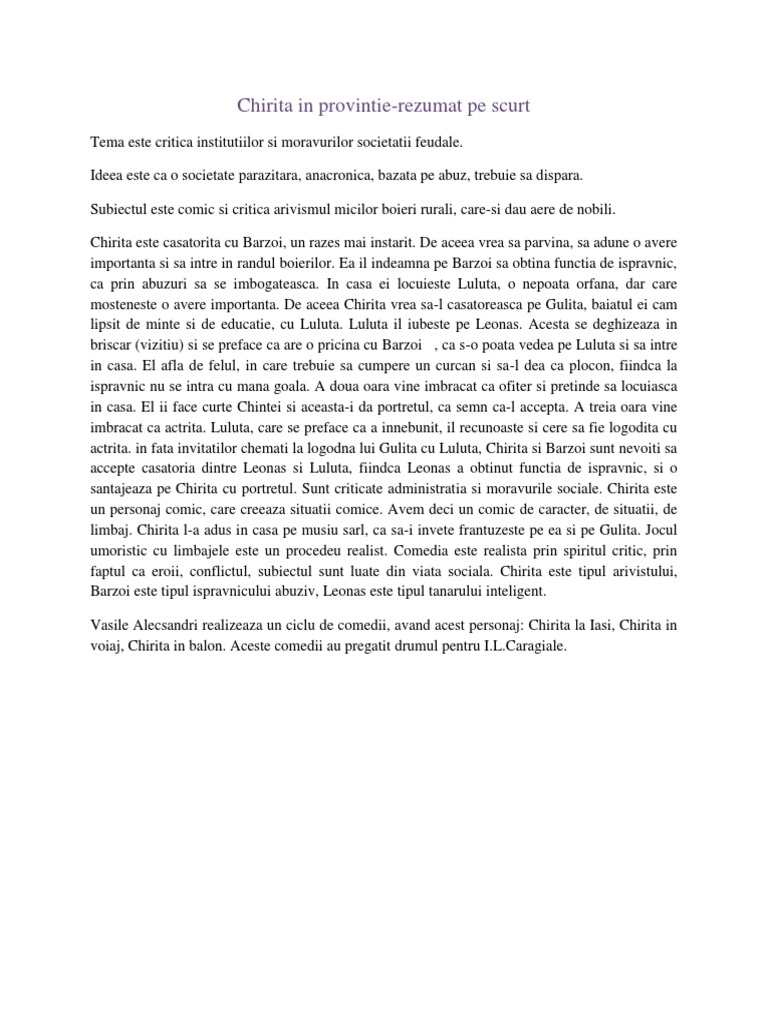 Chirita In Provintie Rezumat Pe Scurt