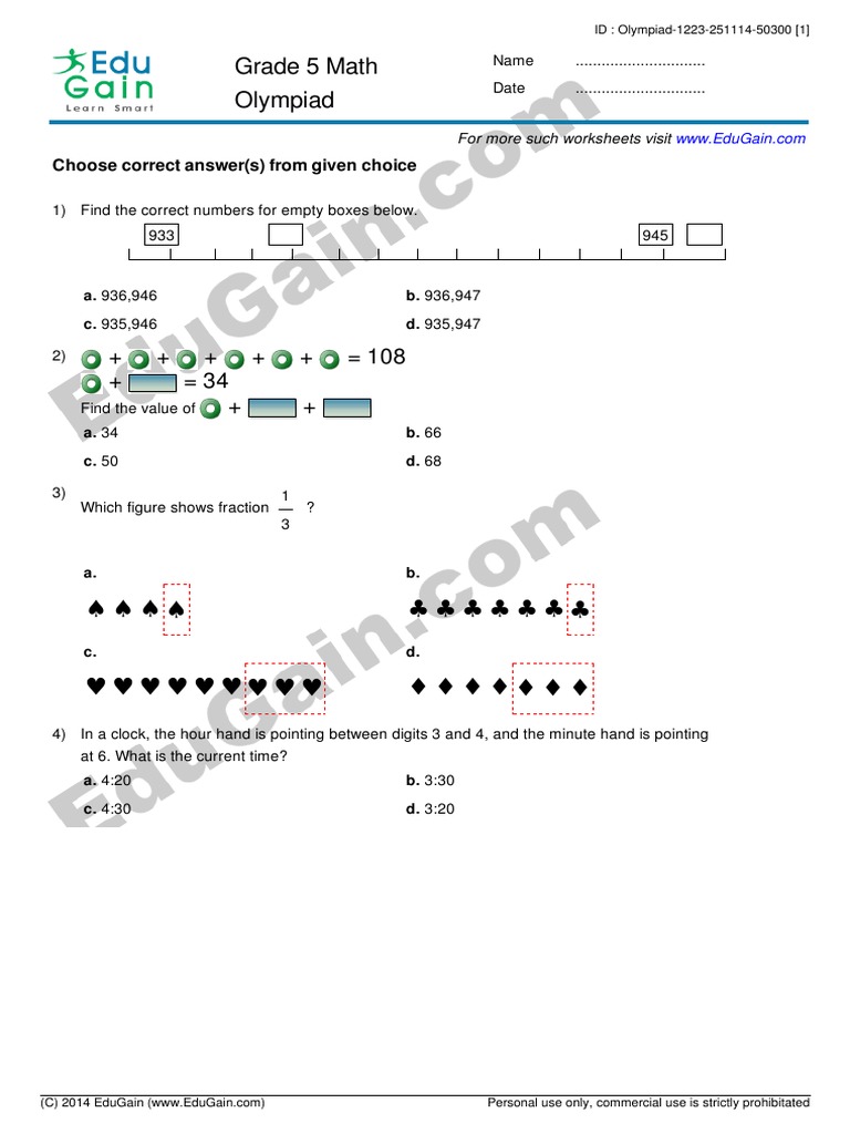 Imo (Math Olympiad) Sample Practice Paper For Class 5 By Edugain | Pdf | Teaching Mathematics