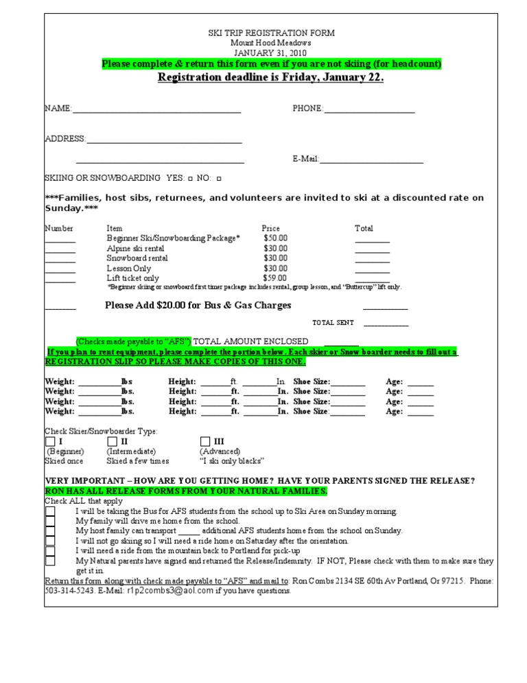 Ski Trip Registration Form | PDF | Outdoor Recreation | Individual Sports