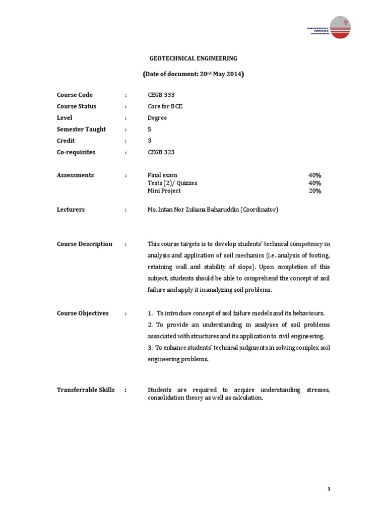 Geotechnical Engineering - Course Outline Cegb333 | PDF | Geotechnical ...