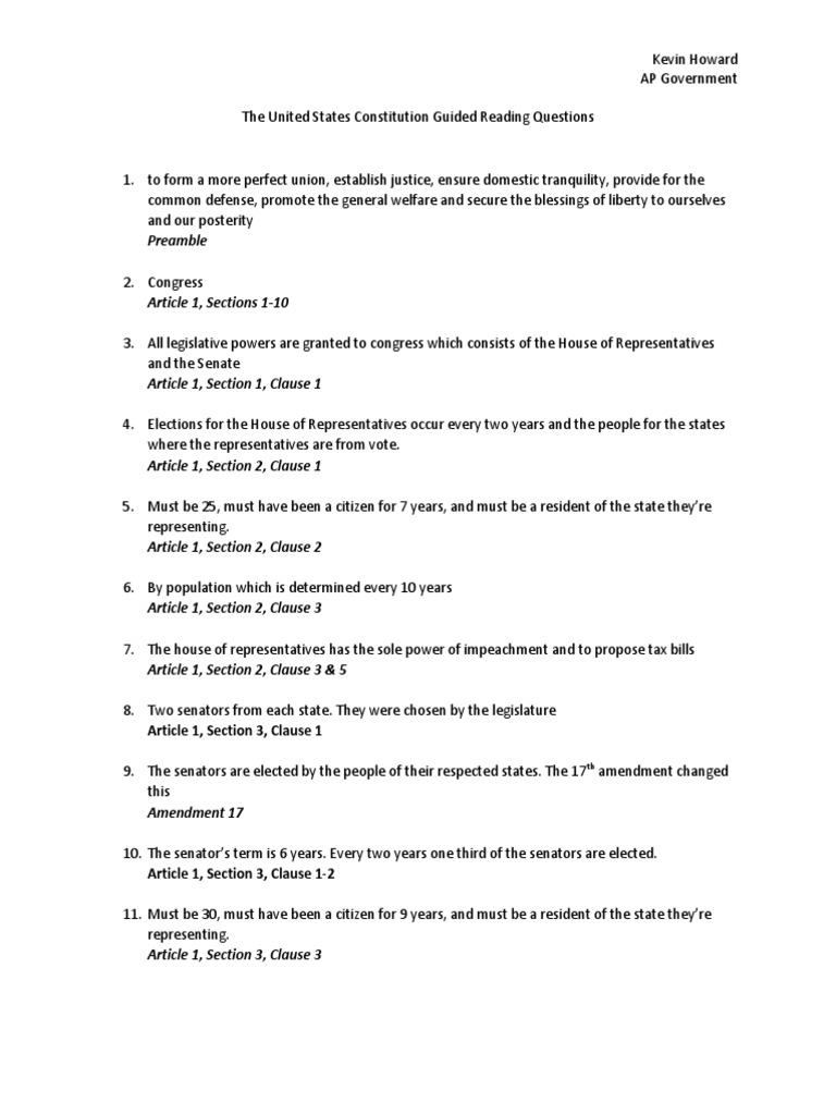 the united states constitution guided reading questions Article One
