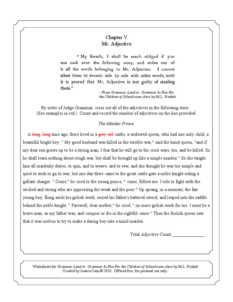 Worksheet 5 For GrammarLand Or, Grammar in Fun For The Children of