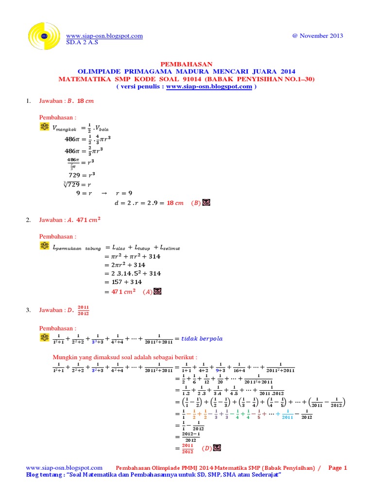 Olimpiade Primagama Madura Mencari Juara 2014 Matematika Smp Kode Soal 91014 Babak Penyisihan Pdf